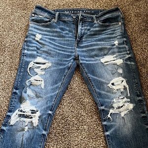 Distressed American Eagle mens athletic skinny jeans dark blue wash